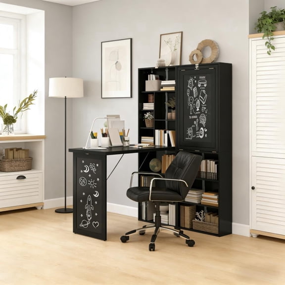 Toauuo 38.5" Wall Mount Computer Desk - Fold-out Convertible Home Office Desk, Solid MDF & Pine Wood, Ample 3-Level Adjustable Storage, Writing Blackboard, Anti-Toppling Design