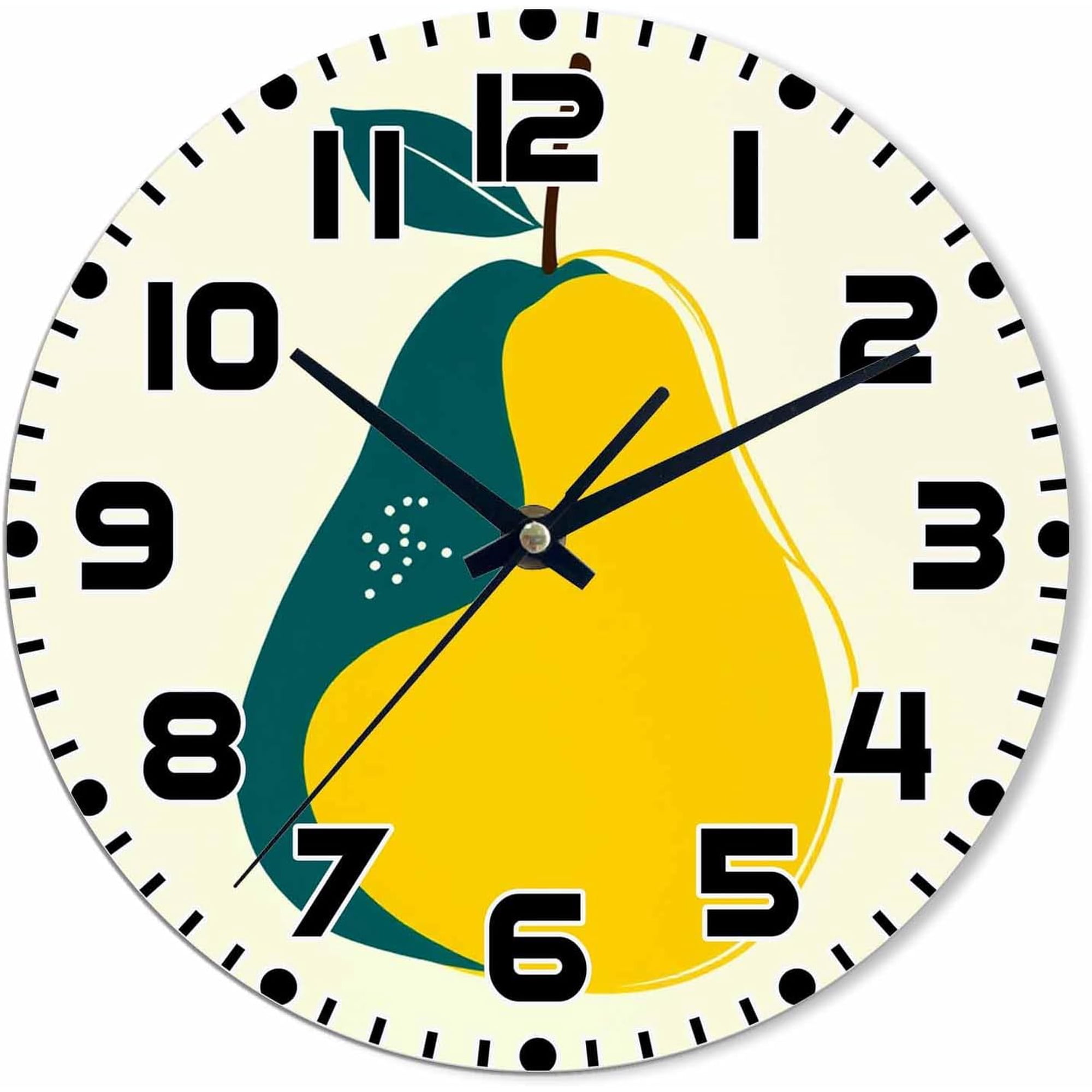 Pears wall Clock 12x12 inch Round Green and Yellow Silent Non Ticking Wood Wall Clocks Battery Operated Easy to Read Decorative Wall Clock for Bedroom Kitchen Living Room Bathroom