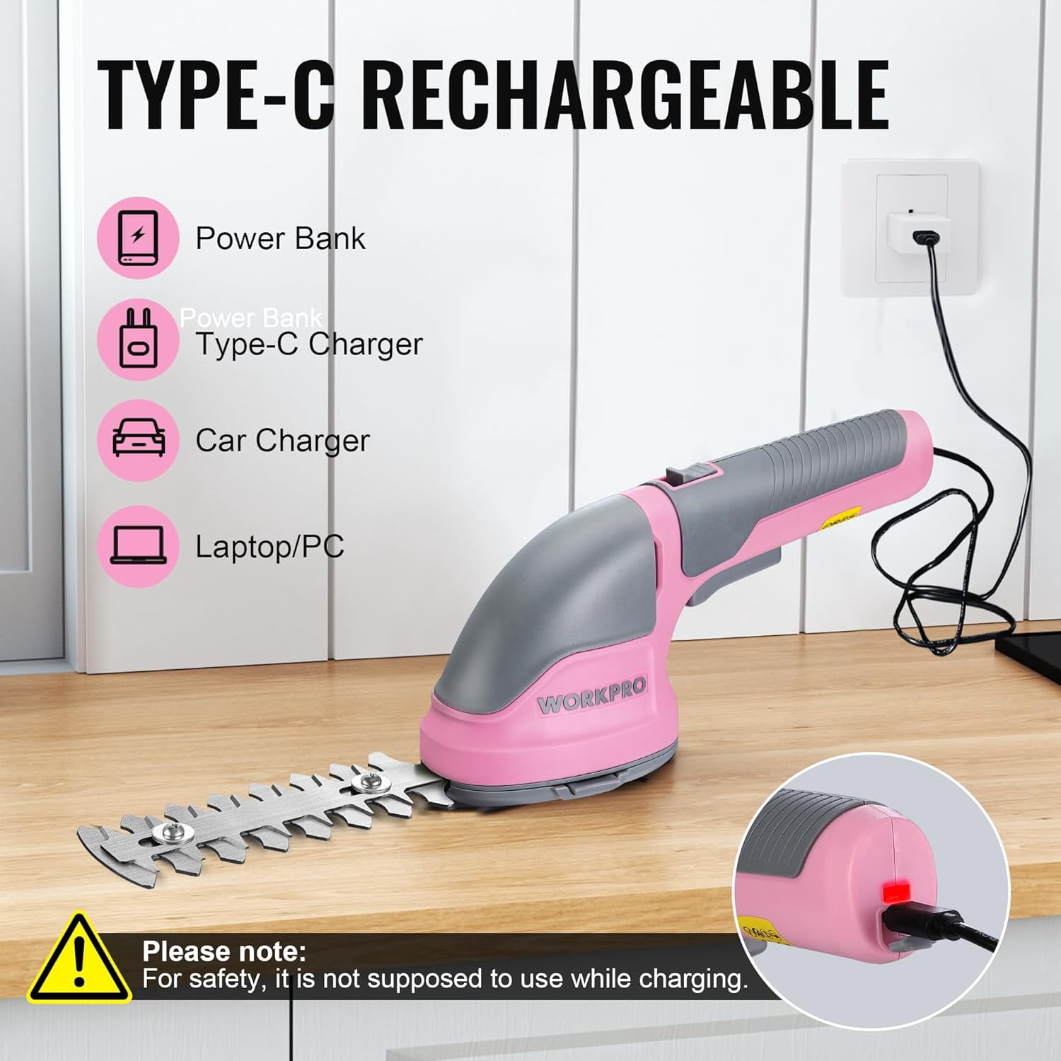 WORKPRO 2-in-1 Cordless Grass Shear & Hedge Trimmer, Rechargeable Electric Shrub Cutter, Lithium Battery, Type-C Charging, Handheld, Pink