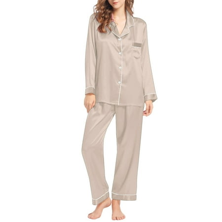 

Meuva Womens Silk Like Pajamas Long Sleeve Set Two Piece Sleepwear Button Down Nightwear Loungewear Sets