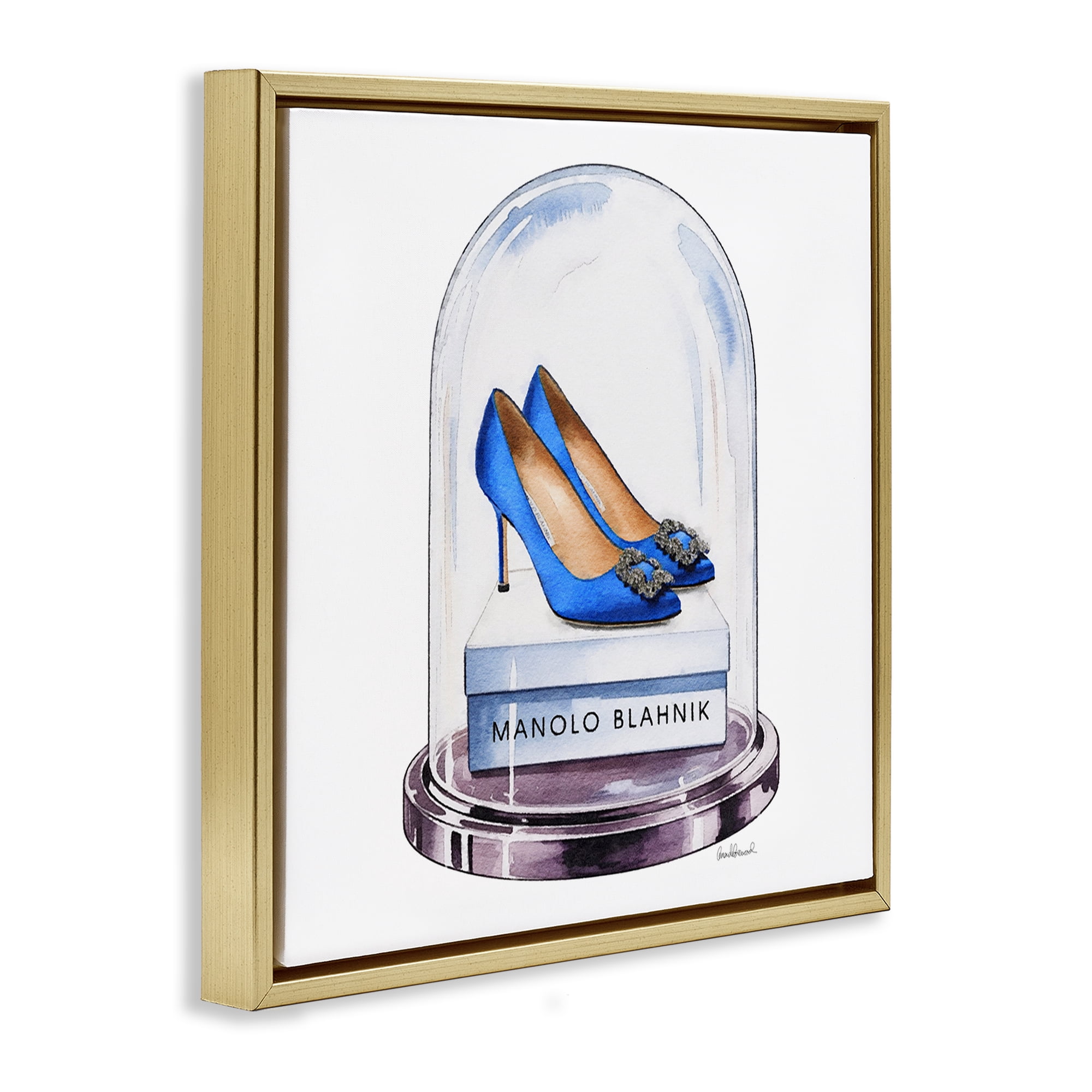 Stupell Industries Blue Heels in Bell Jar Gold Framed Floater Canvas Wall Art, design by Amanda Greenwood