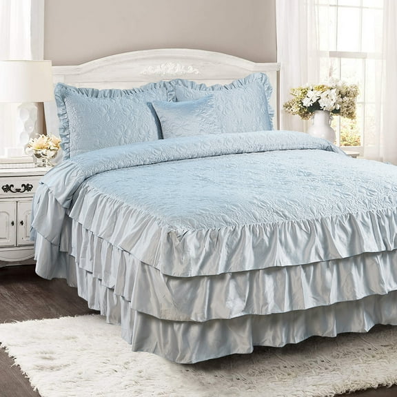 Home Soft Things 4 Piece Ruffle Matte Satin Bedspread Set - Light Blue - Queen (60" x 80"   24")