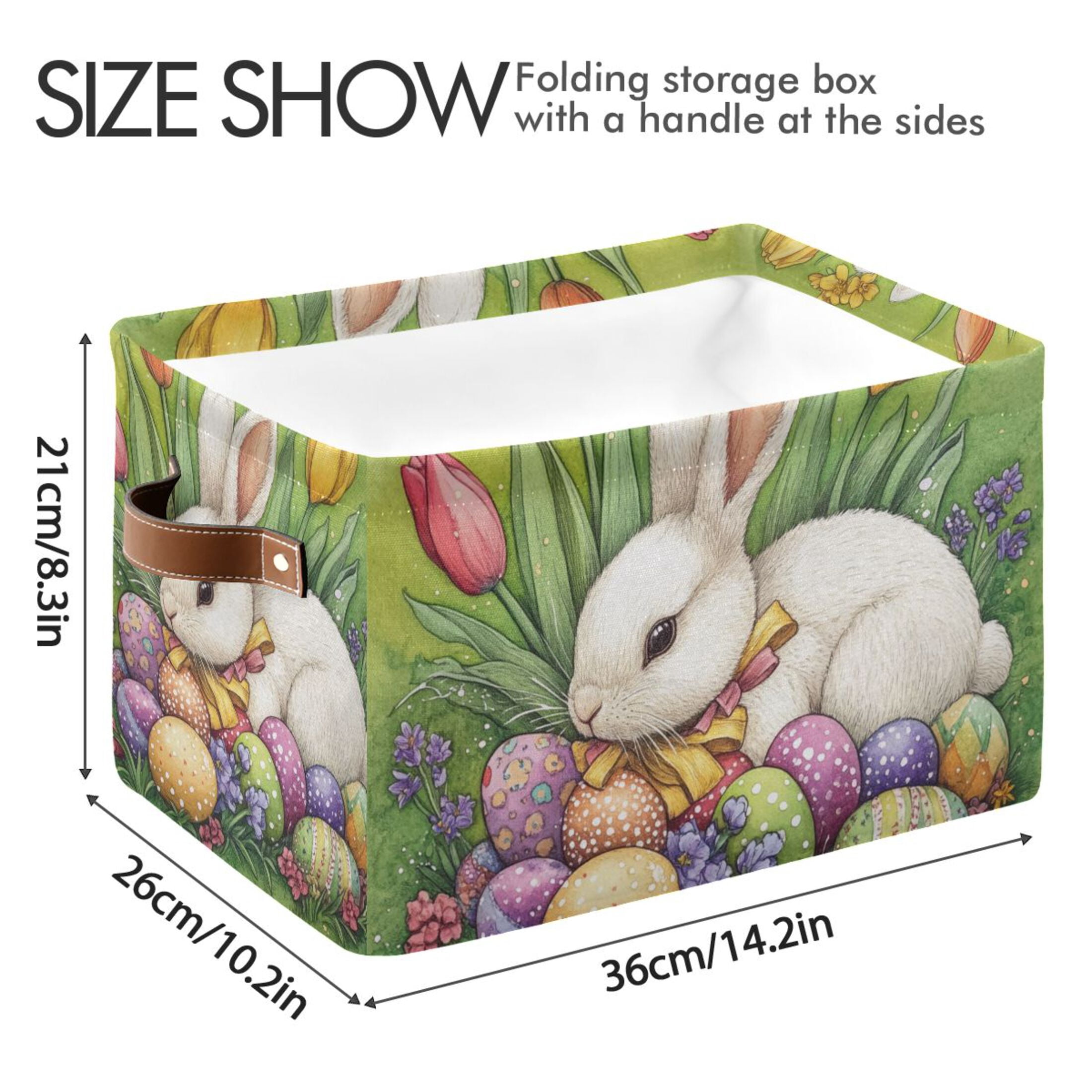 WOBOGO Easter White Bunny Square Storage Basket with Waterproof Canvas and PE Lining Durable PU Leather Handles 14.2×10.2×8.3in