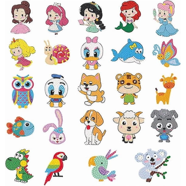 24Pcs 5D Diamond Painting Stickers Kits for Kids, DIY Art Craft Princess Animal Painting with Diamonds, Painting by Numbers Kits