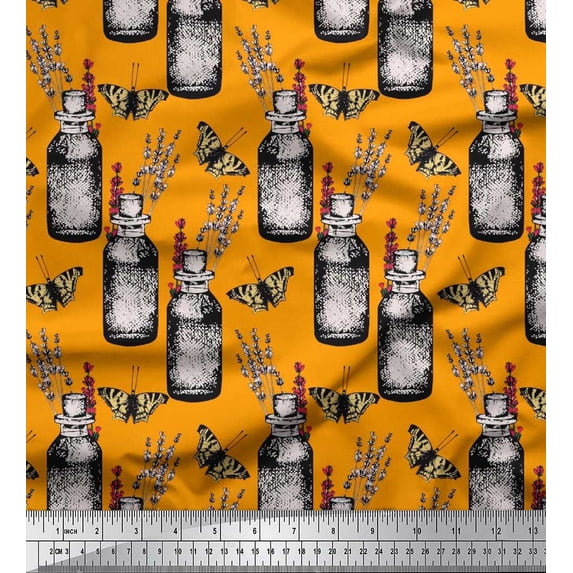 Soimoi Orange Polyester Crepe Fabric Insect,Lavender & Vintage Bottle Printed Fabric 1 Yard 42 Inch Wide