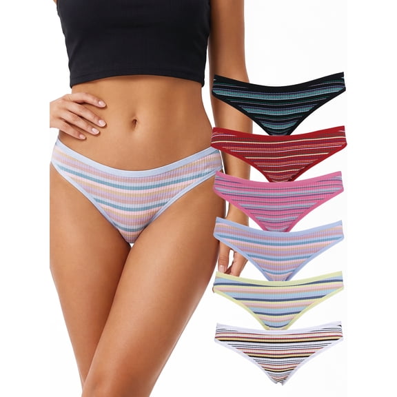 COOPLUS Womens Cotton Thong Underwear Striped Soft Stretch No Show Bikini Panties for Women 6 Pack