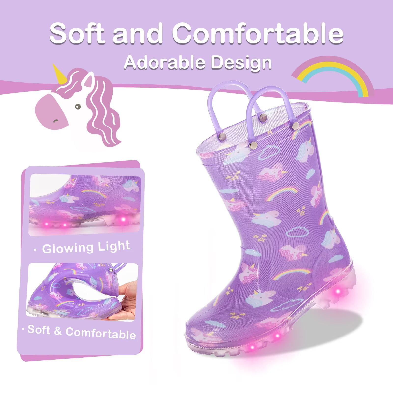 FUNCOO PLUS Toddler Kids Rain Boots Girls Light Up Waterproof Boots with Handles, Purple, Size 8