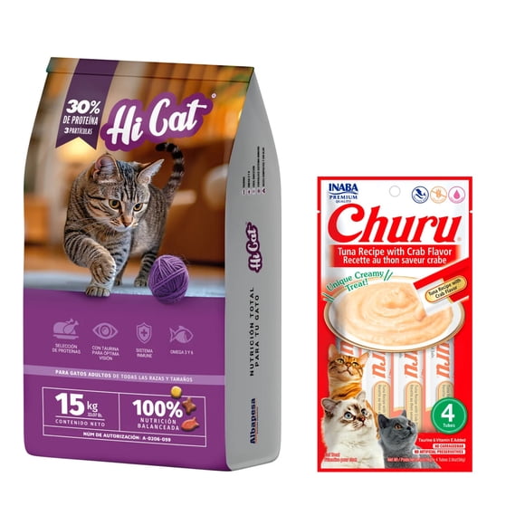 Hi-Cat 15 kg + Churu Atún con Cangrejo Sobre con 4 Tubos de 14 g