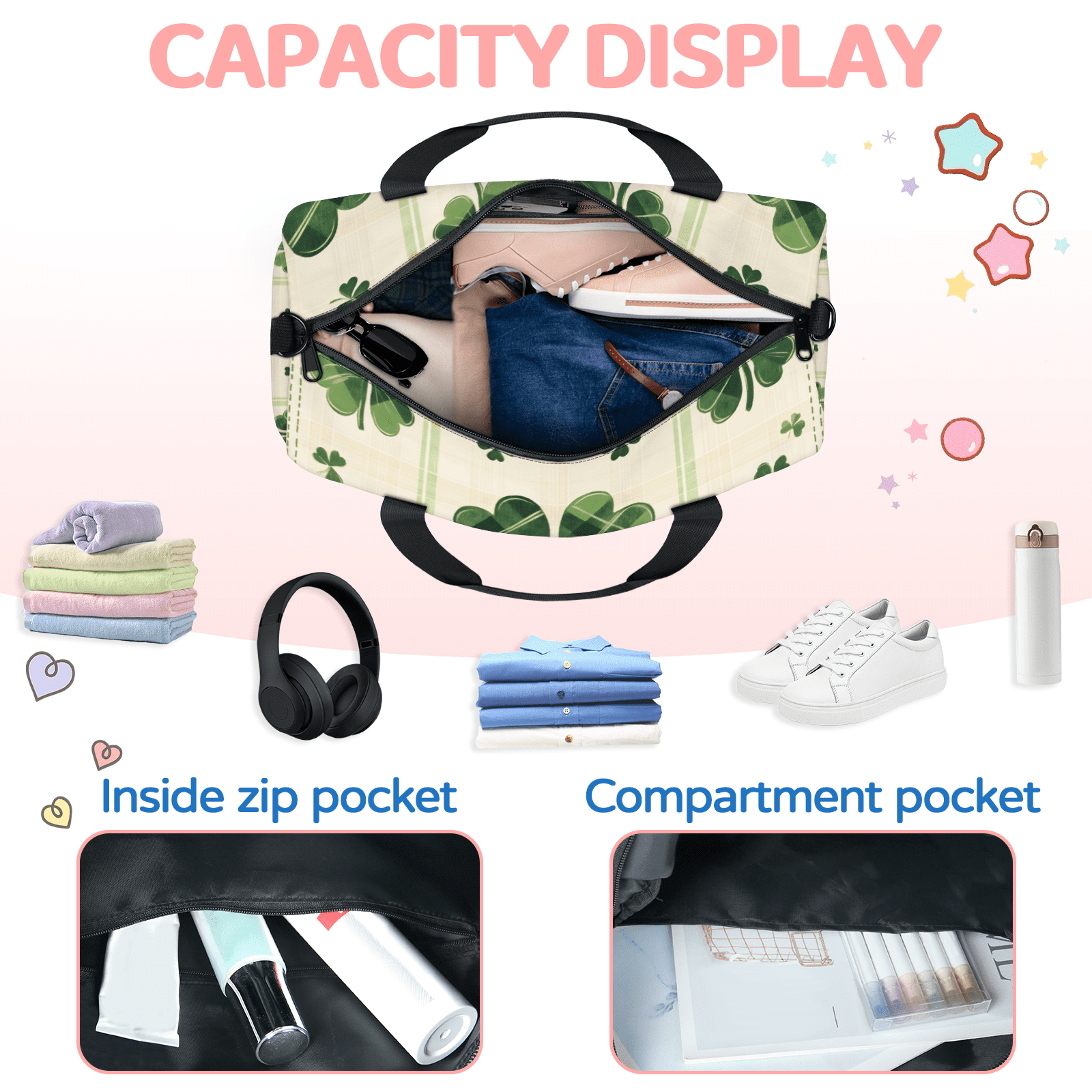 Herdesigns St Patrick's Day Shamrock Gym Bag for Women, Duffle Bag for Travel Sport, Lightweight Waterproof Carry on Weekender Overnight Dance Yoga Workout Bags