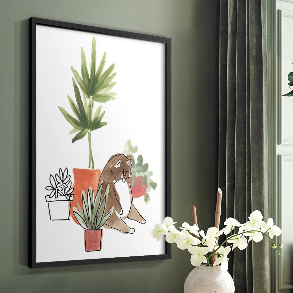Purrfect Plants II Framed Print in Black Solid Wood Framed Print No Nail Hanging