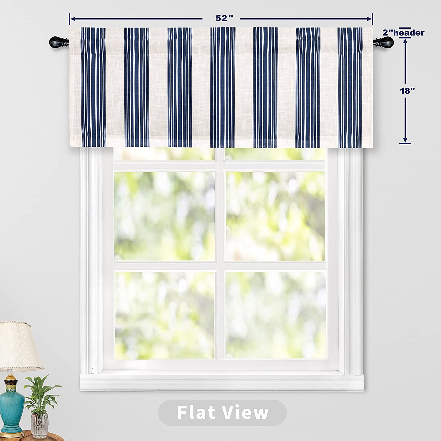 DriftAway Chris Vertical Striped Pattern Linen Textured Thermal Insulated Blackout Window Curtain Valance Rod Pocket Lined Single, 52" x 18" Plus 2" Header, Ivory Dark Blue