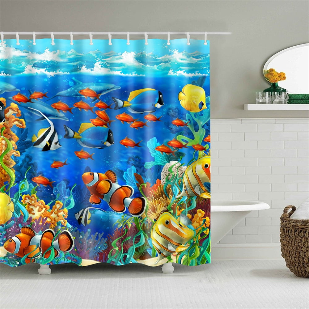 Shower Curtain Blue Ocean Fish Sea Creature Colorful Oceanwave