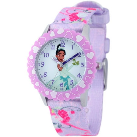 Disney Tiana Girls' Stainless Steel Case with Bezel Watch, Printed Fabric Strap