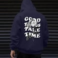 thumbnail image 3 of Men's Outdoor Casual Hooded Drawstring Sweatshirt, GOOD THINGS TAKE TIME Graphic Print Pullover for Hiking, Streetwear,Navy,3XL, 3 of 8