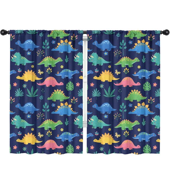 Blackout Kids Curtains,Colorful Dinosaurs Plant Dark Blue Pattern Childrens Insulated Curtains Set Of 2,Bedroom Essentials,Toddler Room Decor 52"x84"
