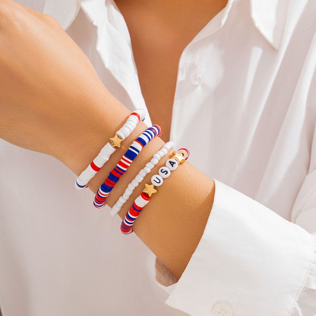 SIfdSeng 4Th of July Celebration Bracelet Set Independence Day's Soft Ceramic Beaded Monogram Bracelet Stretch Star Flag Clashing Hand Jewelry Italian Bracelet Charms Bracelet Charms Bulk Bracelets