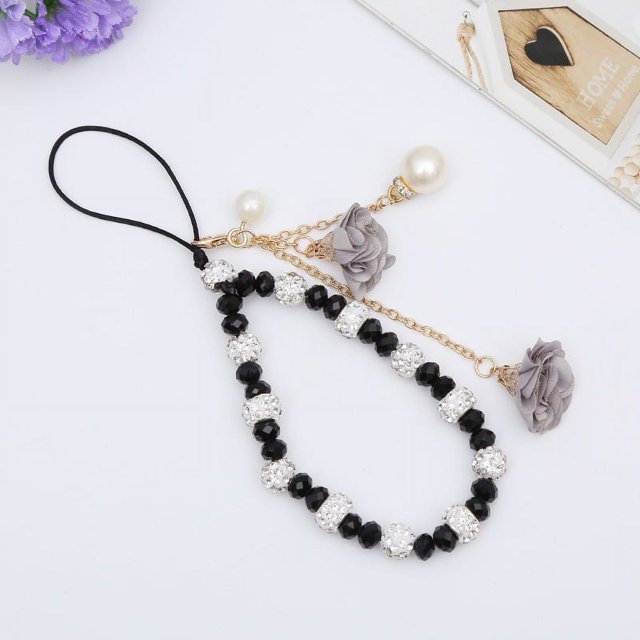 Correas para teléfono celular con colgante de flor de cristal creativo, cordón antideslizante para teléfono, correa para llavero de bolsillo para decoración de llavero de coche (negro)