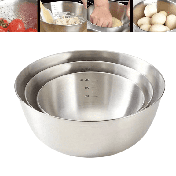 3 Pack Stainless Steel Mixing Bowls Set, Kitchen Prep Bowls with Scale Markings for Baking, Whisking Eggs, Salad Making and Food Storage