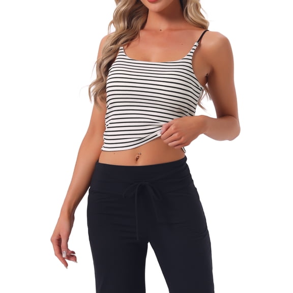 INSPIRE CHIC Women's Cotton Nightwear Striped Rib Cami Built-in Bra Stretchy Squared Neck Spaghetti Strap Pajama Tops S White with Black Stripe