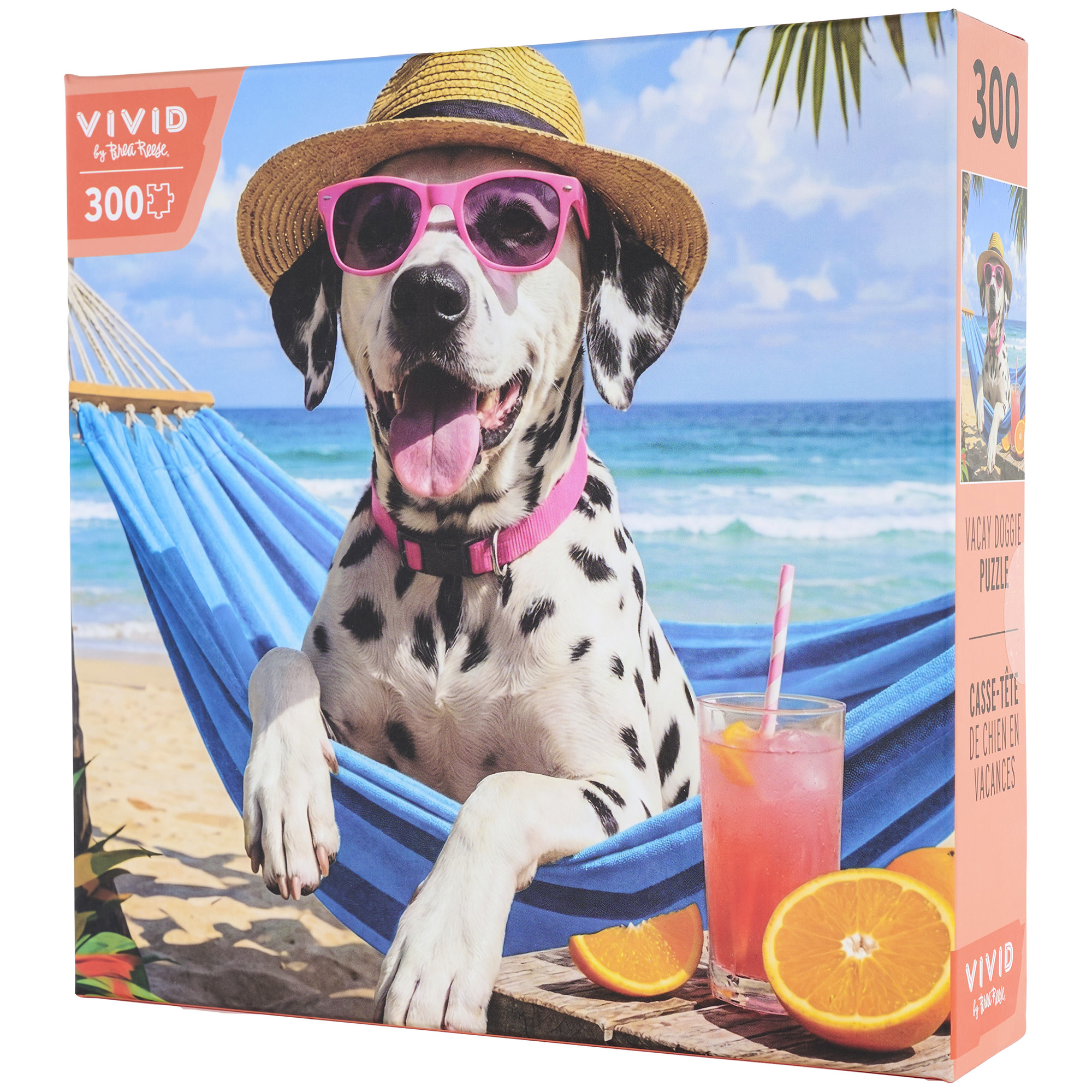 Vivid by Brea Reese: 300 Piece Puzzle - Vacay Doggie - Dalmatian Dog Relaxing Beach Scene Jigsaw, Soft-Touch Snap-Fit Pieces, Image Reference Poster