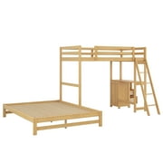 EUROCO Twin over Full Bunk Bed with Desk and Drawers, Natural