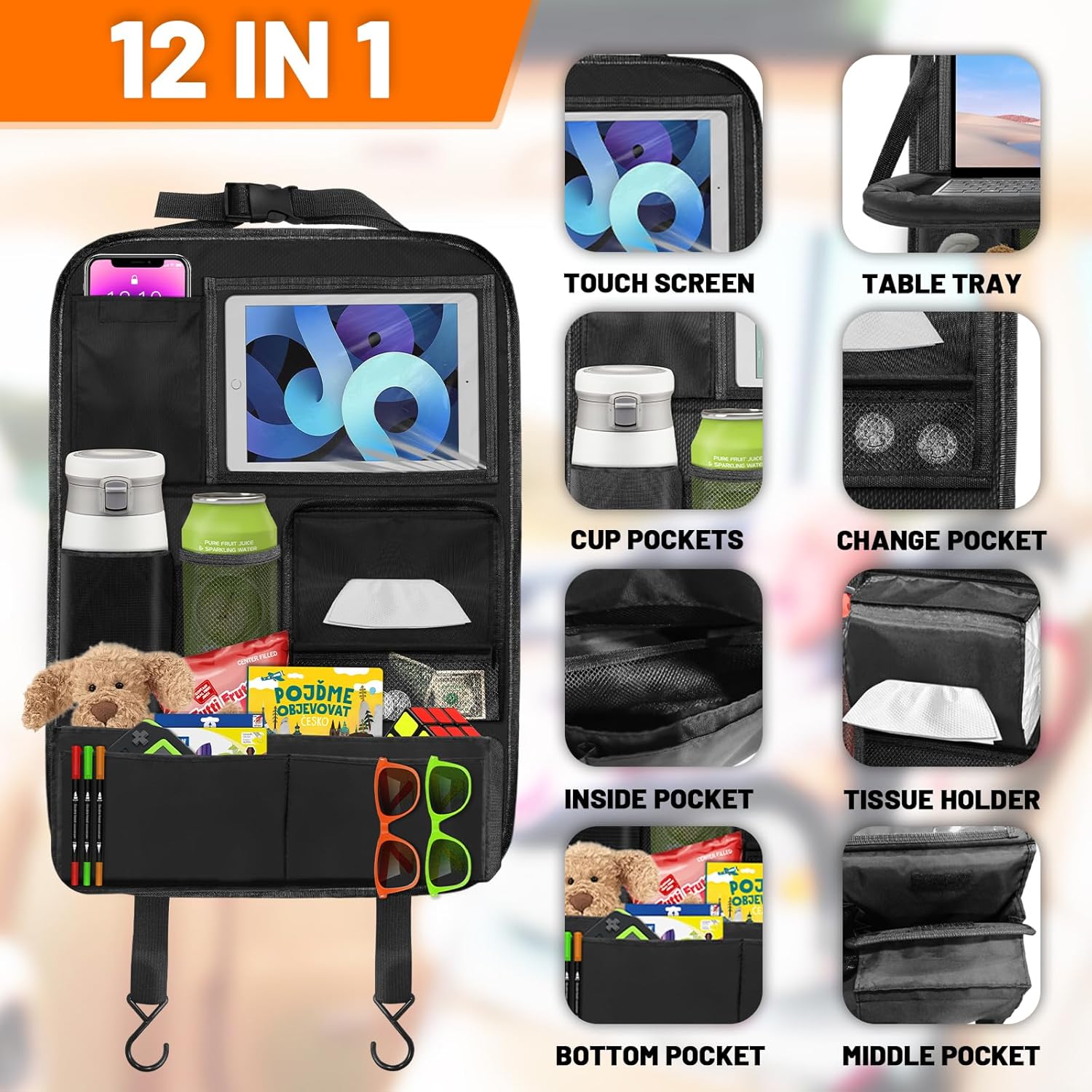 Backseat Car Organizer with Table Tray,12 Pockets Storage Organizer with Tablet Holder,Car Seat Organizer with Car Tissue Holder,Kick Mats Protector For Kids,Travel Accessories(2-Pack)