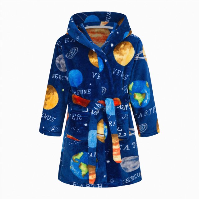 Splozh Baby Bath Robe Soft Flannel Childrens Flannel Robe Cartoon Print Home Fleece Bathrobe for Boys and Girls with Pockets Dark Blue,6-7 Years