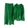 thumbnail image 2 of ClodeEU Women's Two Piece Set, Solid Color Single Breasted Long Sleeve Notched Collar Shirt ,Loose Wide Leg Pants Casual Fashion Outfit Green,Womens Plus L, 2 of 5