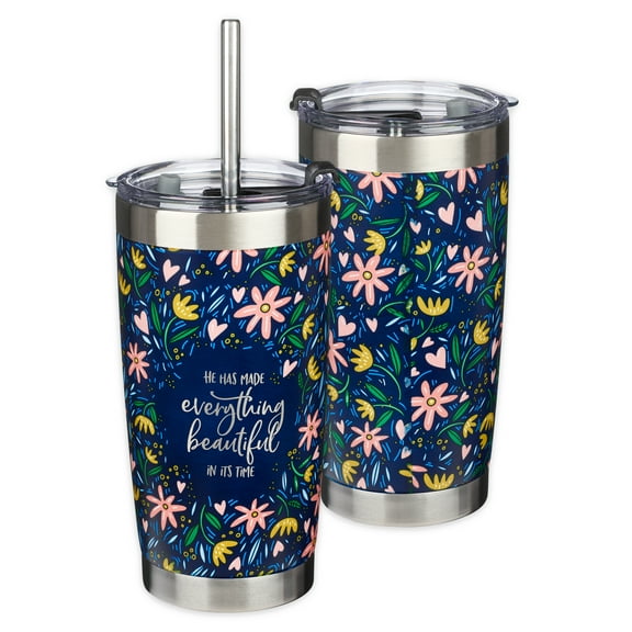 Christian Art Gifts Stainless Steel Double-Wall Vacuum Insulated Tumbler w/Straw & Lid for Women: Everything Beautiful - Ecc. 3:11 Inspirational Bible Verse Travel Mug, Navy Multi Floral, 18 oz.