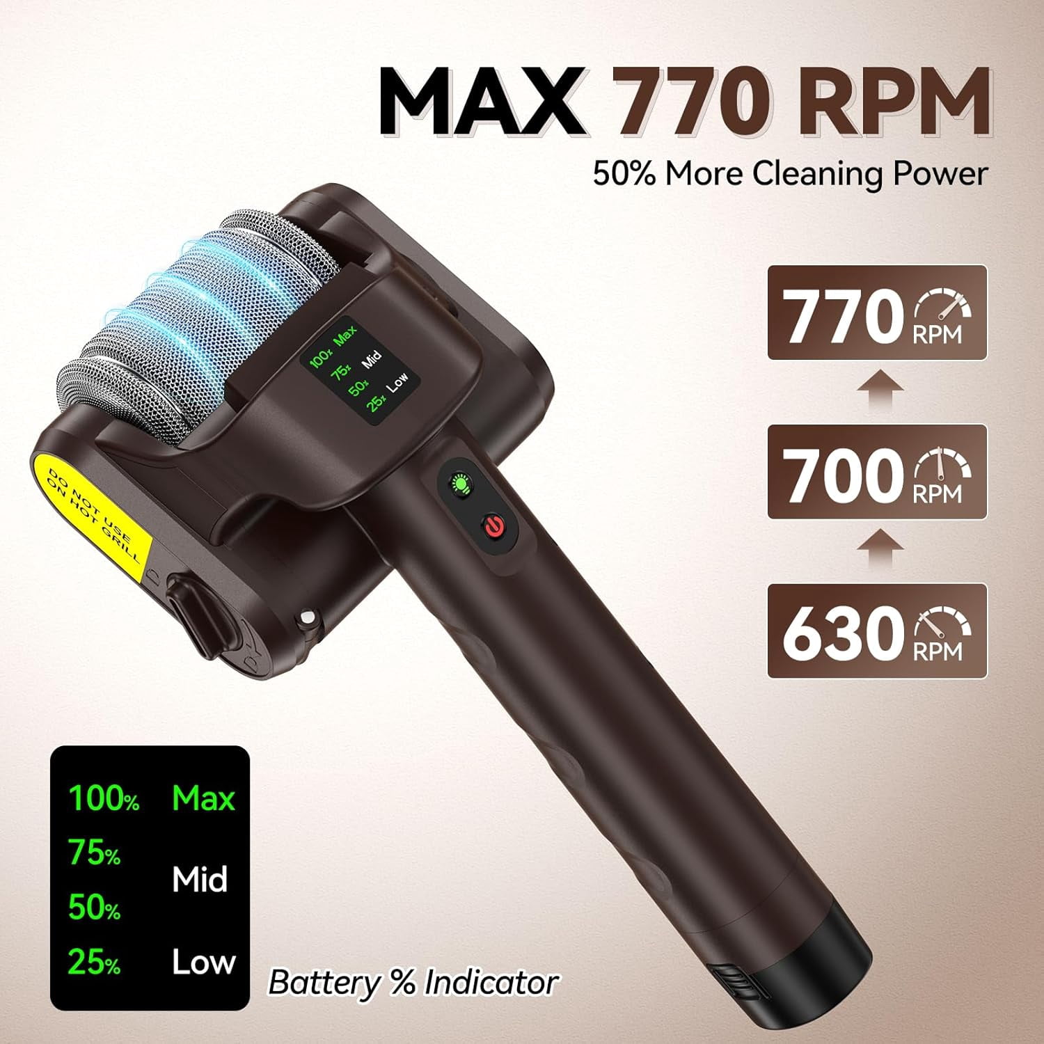 Electric Grill Brush, 3-Speed 770RPM Electric Grill Cleaner with LED Light, Long Runtime Rechargeable Outdoor BBQ Brush, Removable Stainless Steel Roller for Most Grates
