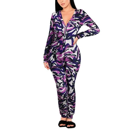 

Women Deep V Neck Long Sleeve Jumpsuit Romper Cotton Homewear Pajamas One Piece