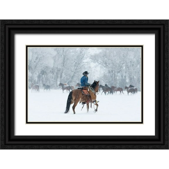Walker, Carol 14x11 Black Ornate Wood Framed with Double Matting Museum Art Print Titled - Wrangler In The Snow