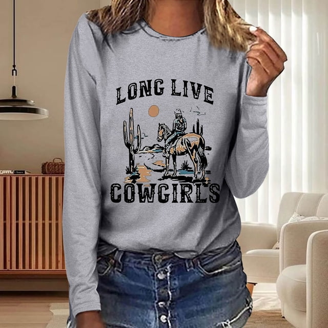 MHFRRA Camisetas de Manga Larga Estilo Western para Mujer, Camisetas Vintage de Música Country para Otoño, Sudaderas para Senderismo y Viajes, Camisetas Gris Claro