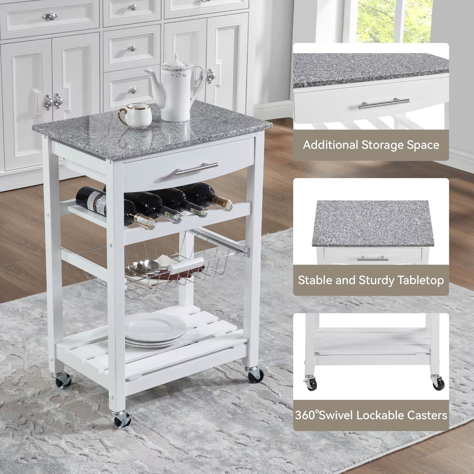 Avobird Kitchen Island Cart, Mobile Kitchen Cart with 22inch Marble Countertop/Underneath Drawer/Slide-Out Wire Storage Basket, White
