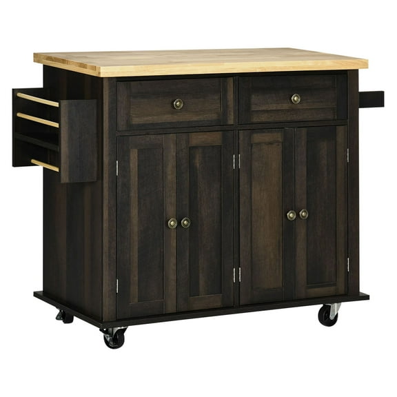 Rolling Kitchen Cart, Brown Oak - Kitchen Island with Drawers, Spice Rack & Towel Bar