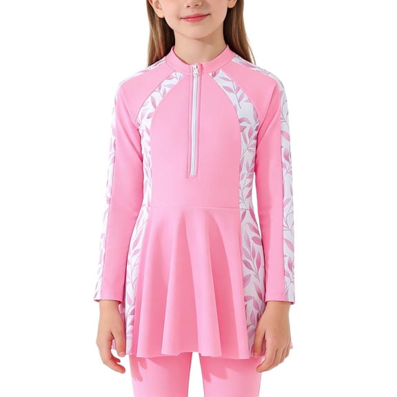 MEZZALL Summer Girls Long Sleeve Rash Guard And Swim Shorts Sun Two Piece Swimsuits Swim Tops With Shorts Floral Print Zipper Front Boho Beachwear