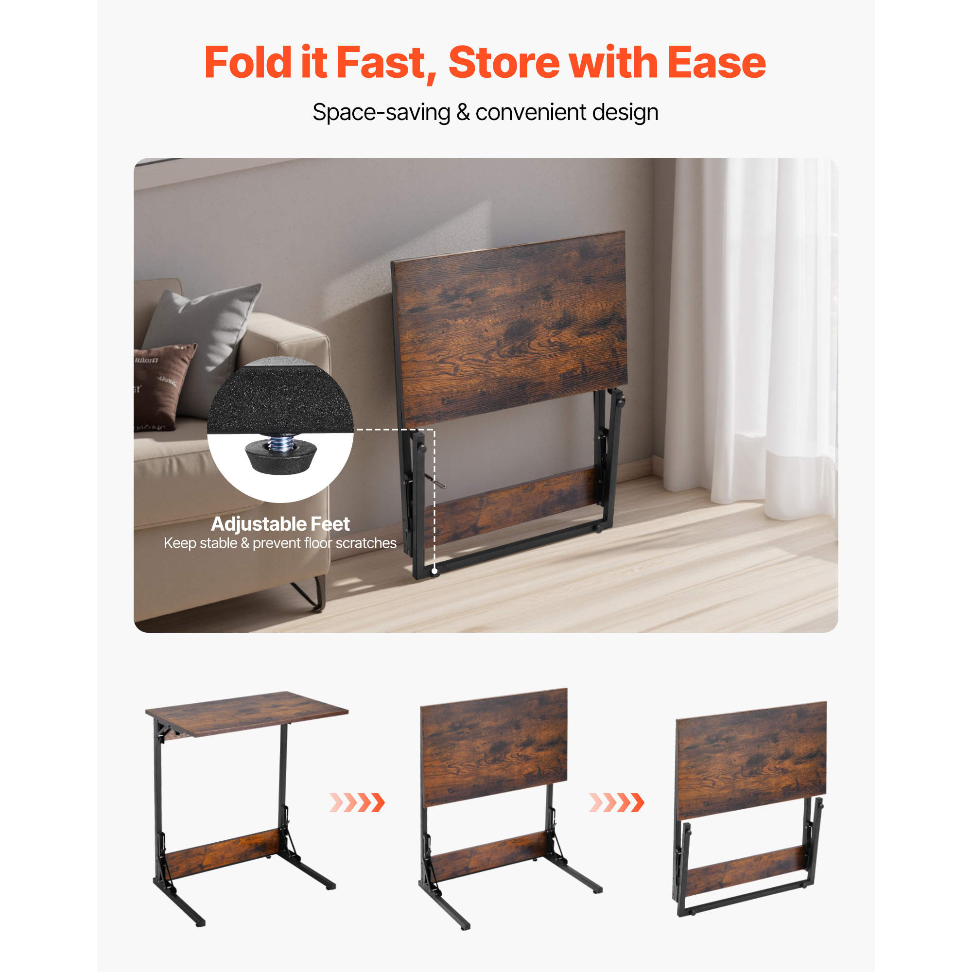 KFFKFF Folding C-Shaped End Table with Metal Frame & Adjustable Feet, Compact Foldable Side Table for Living Room, Bedroom, or Office, 23.62 x 14.57 x 27.56 inch TV Tray, Brown and Black