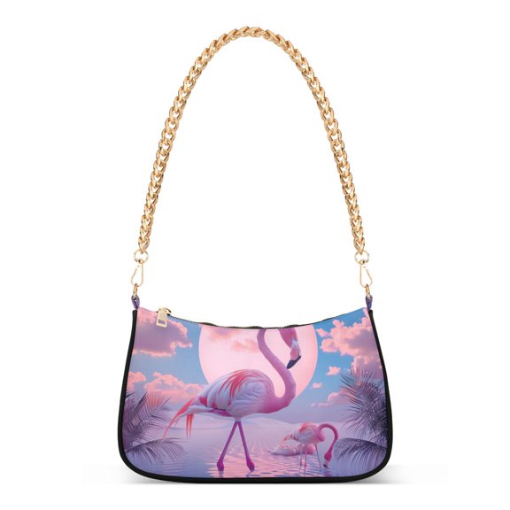 Ryvnso Flamingo with Moon Womens Chain Shoulder Bag Tote Handbags Clutch Hobo Purse with Zipper for Travel