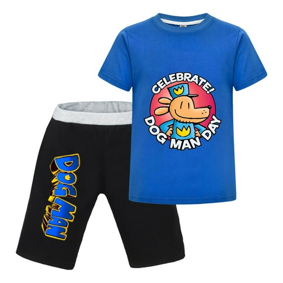 Celebrate Dog Man Day Kids Outfit Set – Boys Girls Short-Sleeve Graphic T-Shirt and Shorts 2-Piece Cartoon Clothing for Summer Play, Sleepwear, or Casual Wear