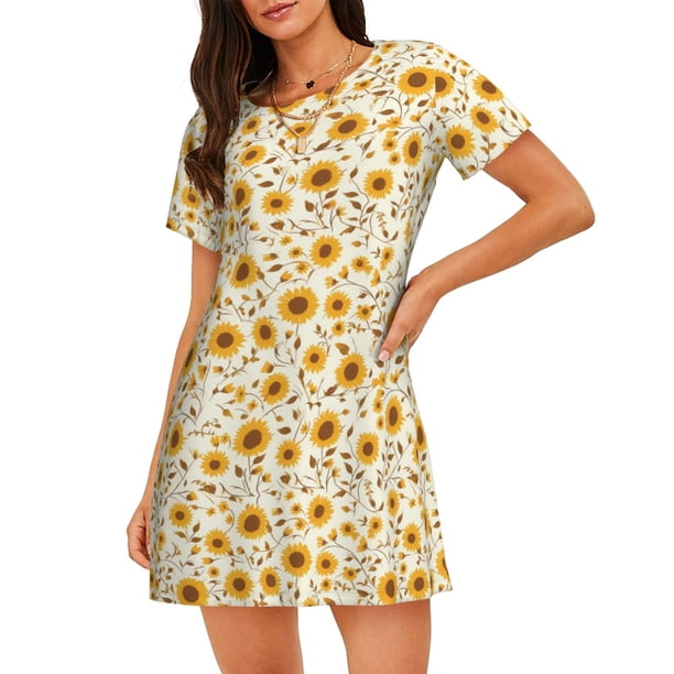 Disketp Brown Leaf Sunflower para Camisón Corto de Manga Corta para Mujeres, Camisón Cómodo con Escote Redondo, Bonito y Confortable
