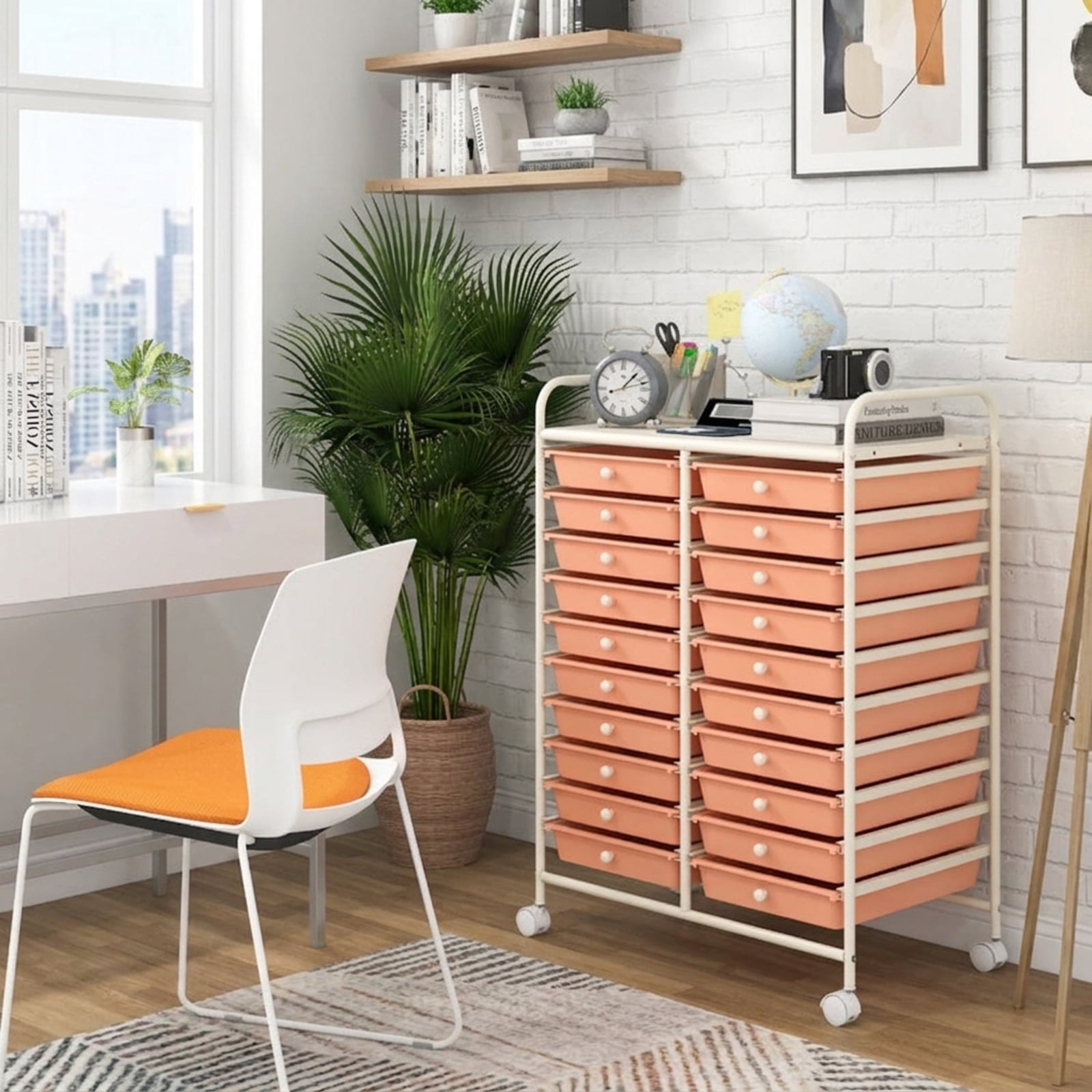Furnibear 20 Drawers Rolling Storage Cart Studio Organizer Multi for Home Office Craft Room Classroom, Peach