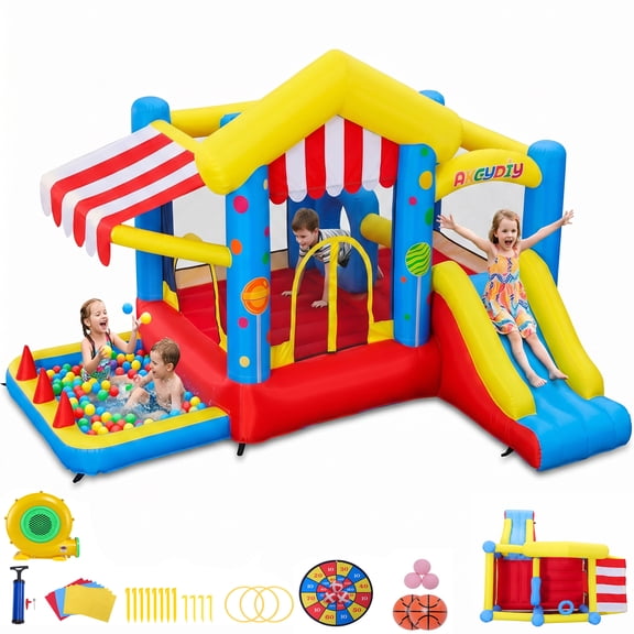 Qhomic Inflatable Bounce House for Kids Ages 3–12, 7-in-1 Bouncy House with Ball Pit, Canopy, Obstacle Jumping Castle with Basketball Hoop, Target, Includes Blower, Perfect for Backyard Parties