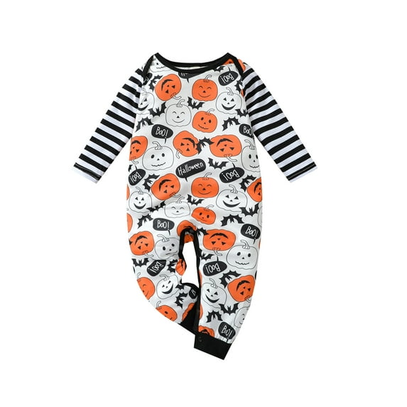 Qiylii Baby Halloween Bodysuit, Pumpkin Striped Long Sleeve Romper, 0-24 Months