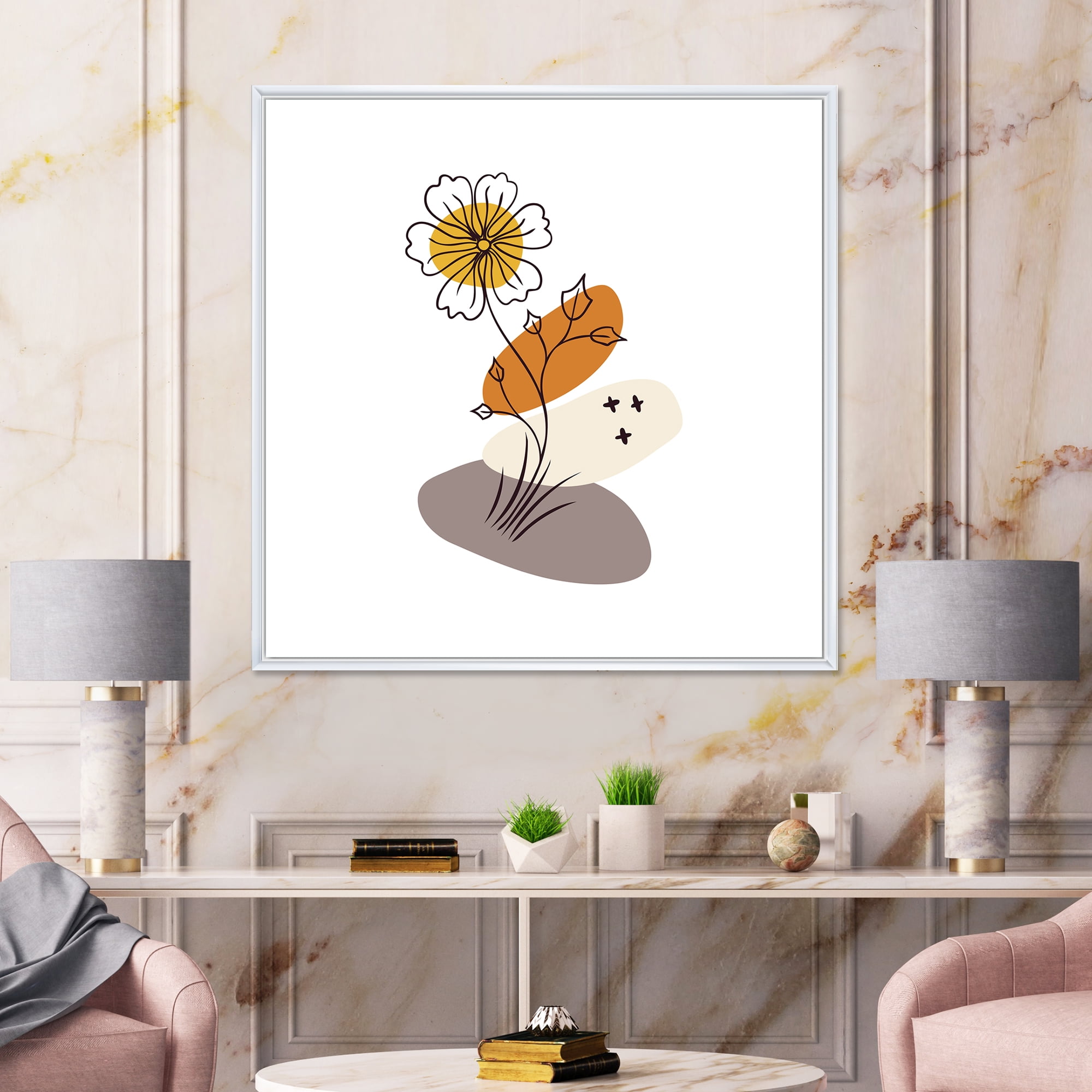 Designart 'Abstract Minimal Shapes Under Flowers I' Modern Framed Canvas Wall Art Print