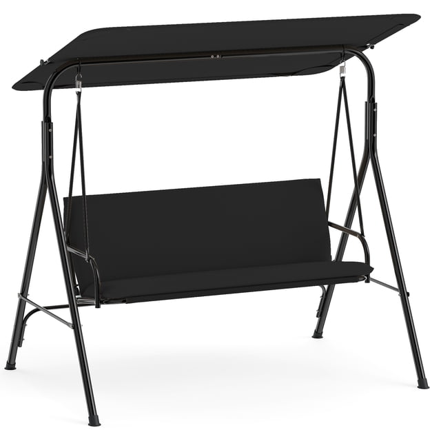 Gymax Balançoire de Patio Extérieure à 3 Places avec Accoudoirs, Auvent Inclinable Réglable et Support, Noir