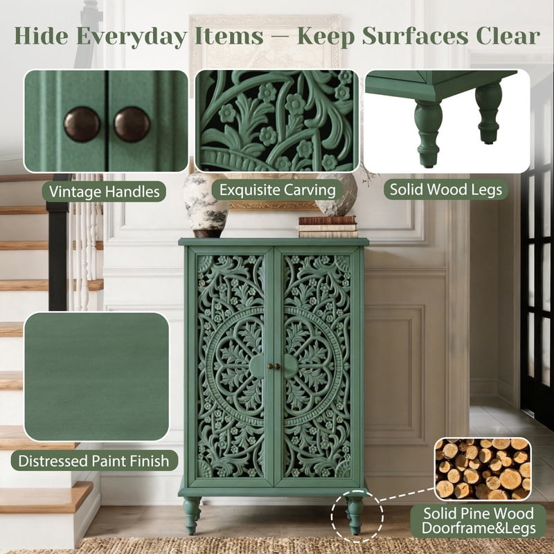 Freestanding Accent Storage Cabinet with Hollowed Out Carved Double Door, Farmhouse Display Buffet Chest with Adjustable Shelf