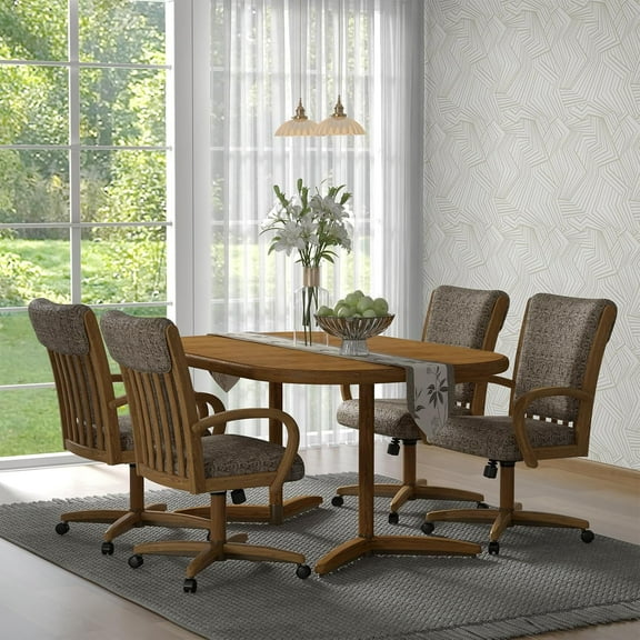 Chromcraft 5-Piece Dining Table Set for 4, Expandable Dining Table with 4 Swivel-Tilt Caster Chairs, Kitchen and Dining Room Furniture Set (Noriko Earth)