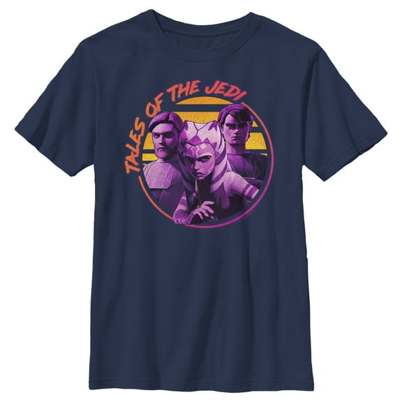 Boy's Star Wars: Tales of the Jedi Distressed Obi-Wan Ahsoka and Anakin Graphic Tee Navy Blue Small