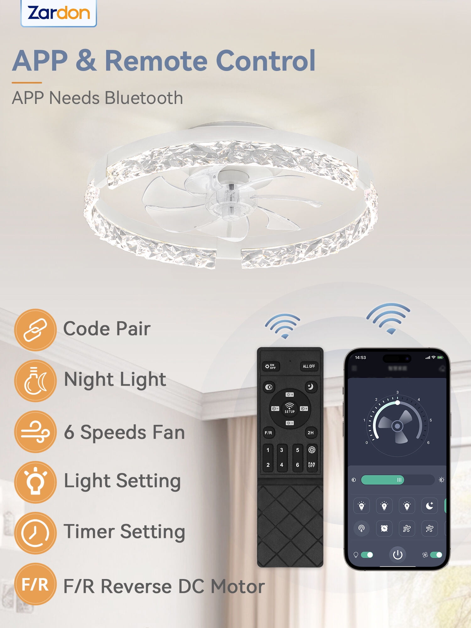 Zardon 20" Ceiling Fan with Light, Low Profile Flush Mount, Remote and Smart App Control, 6 Speeds and Quiet Reversible DC Motor for Bedroom, Living Room, Kitchen