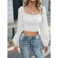 thumbnail image 6 of Women'S Ruched Wrap Square Neck Flounce Long Sleeve Crop Top Blouse White XL, 6 of 8